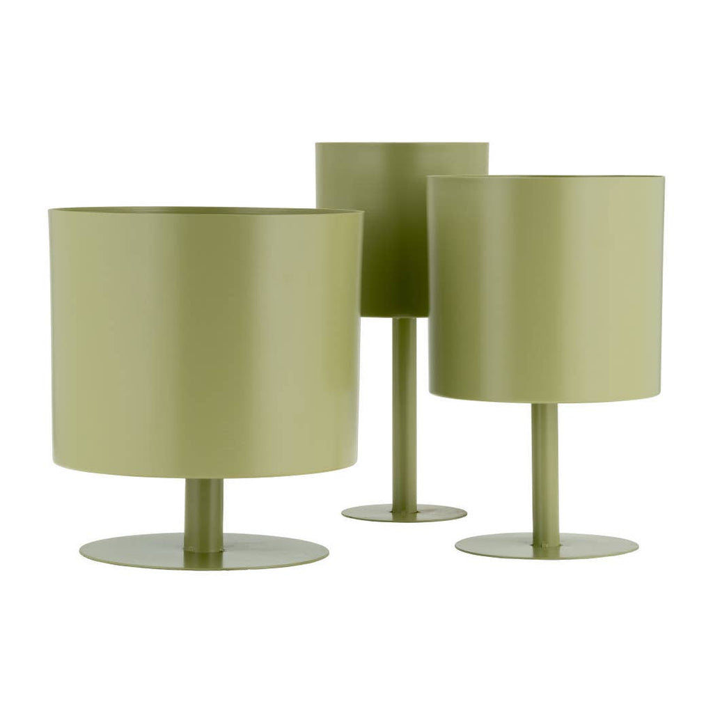 Metal Cylindrical Planter Pot on Round Base - Green, 6 in.