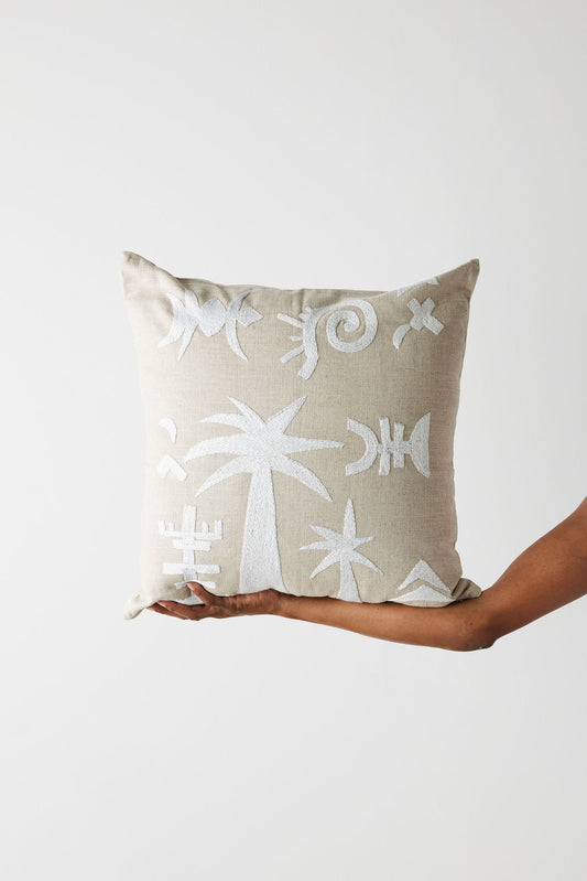 Keiskamma Natural White Linen & Silk Embroidered Throw Pillow