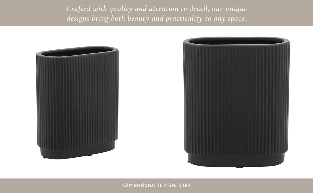 Ceramic Modern Ridged Decorative Vase - Black, 8 in.