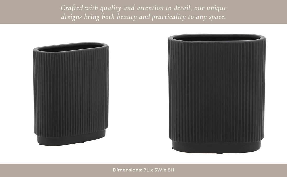 Ceramic Modern Ridged Decorative Vase - Black, 8 in.