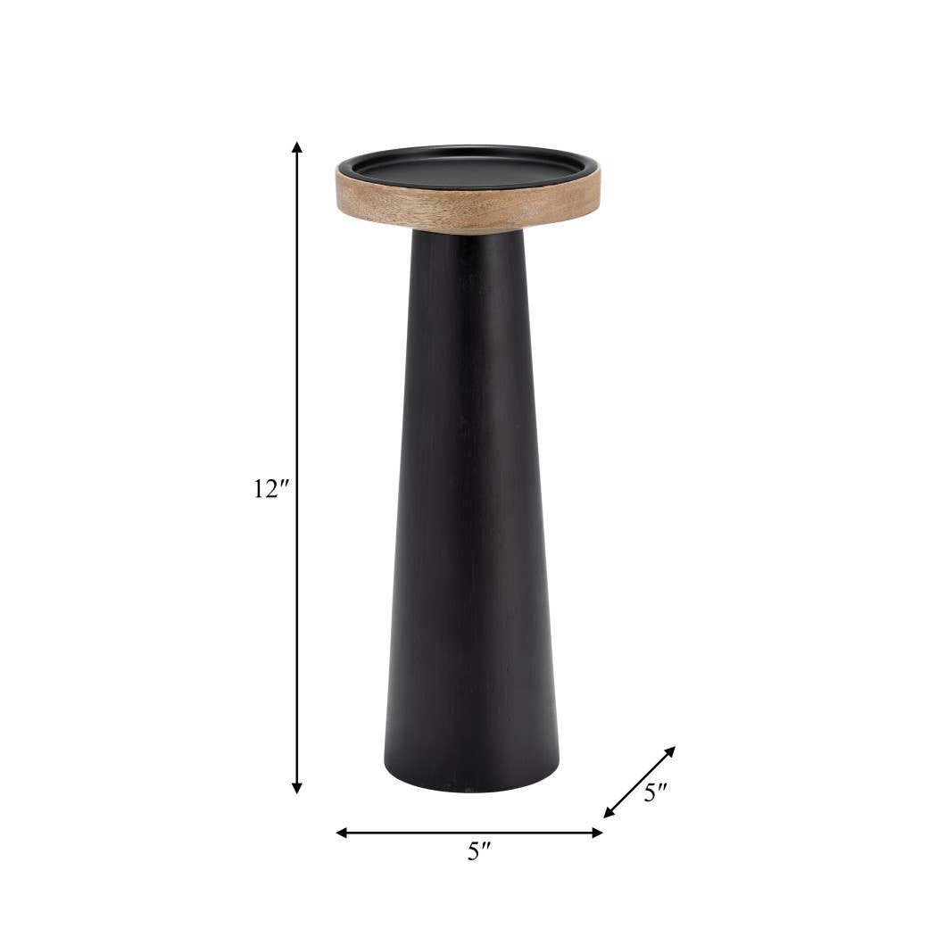 Wood Flat Pillar Candle Holder Stand - Black/Natural, 12 in.