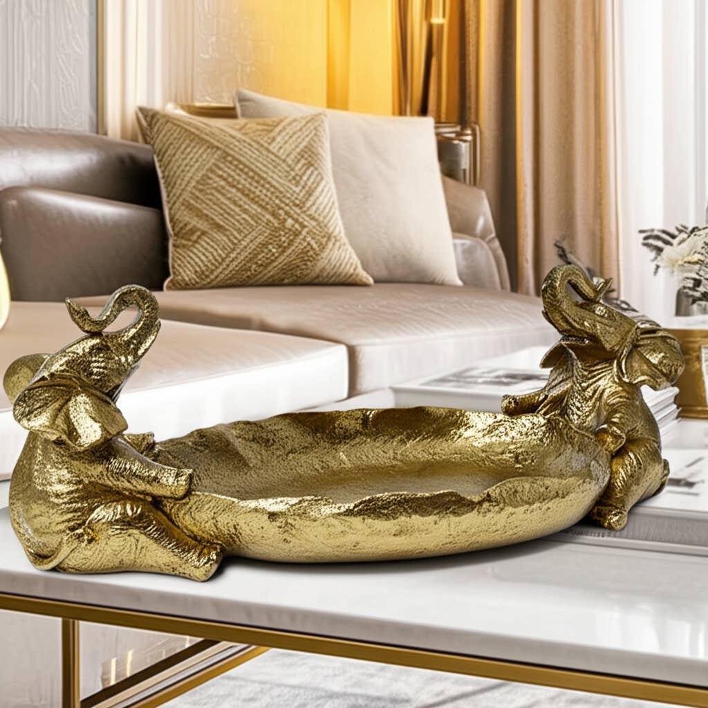 Resin Two Elephant Figurines Holding Bowl - Gold, 14 in.