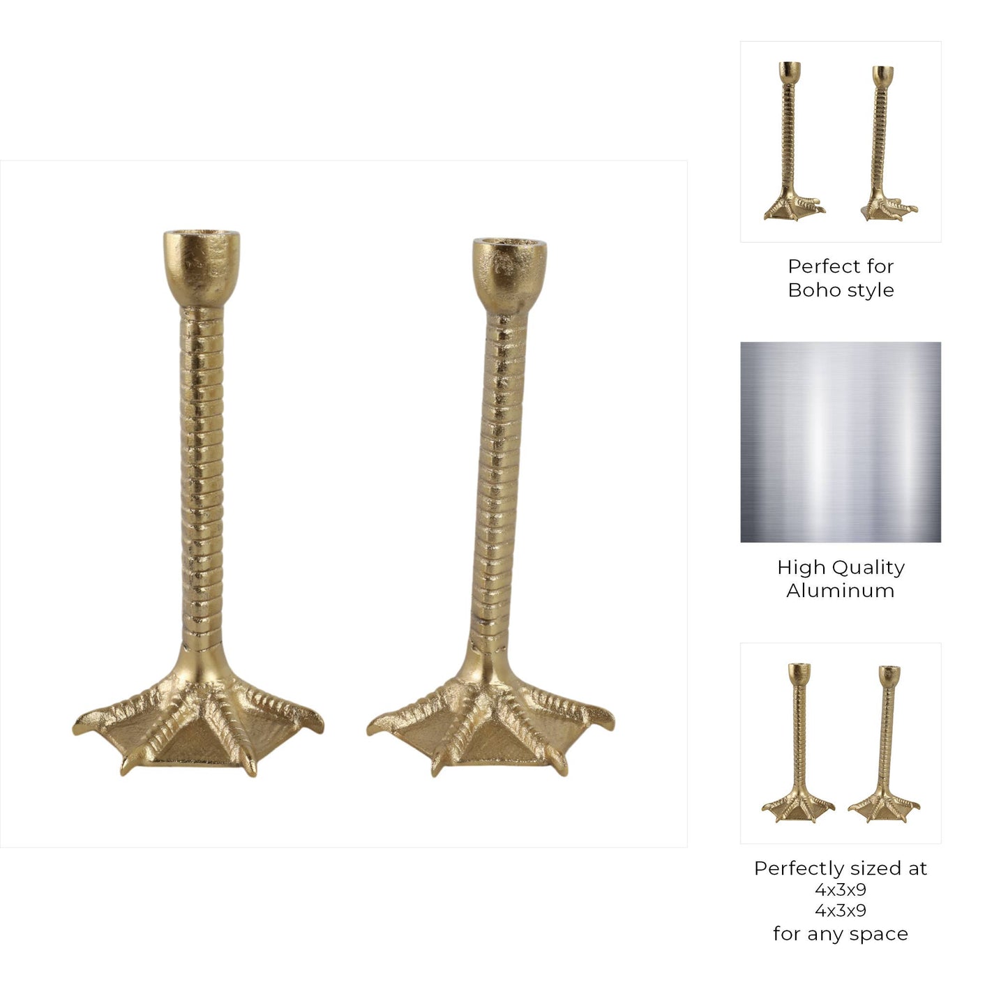 Metal Bird Legs Taper Candle Holders Set of 2 - Gold, 9 in.