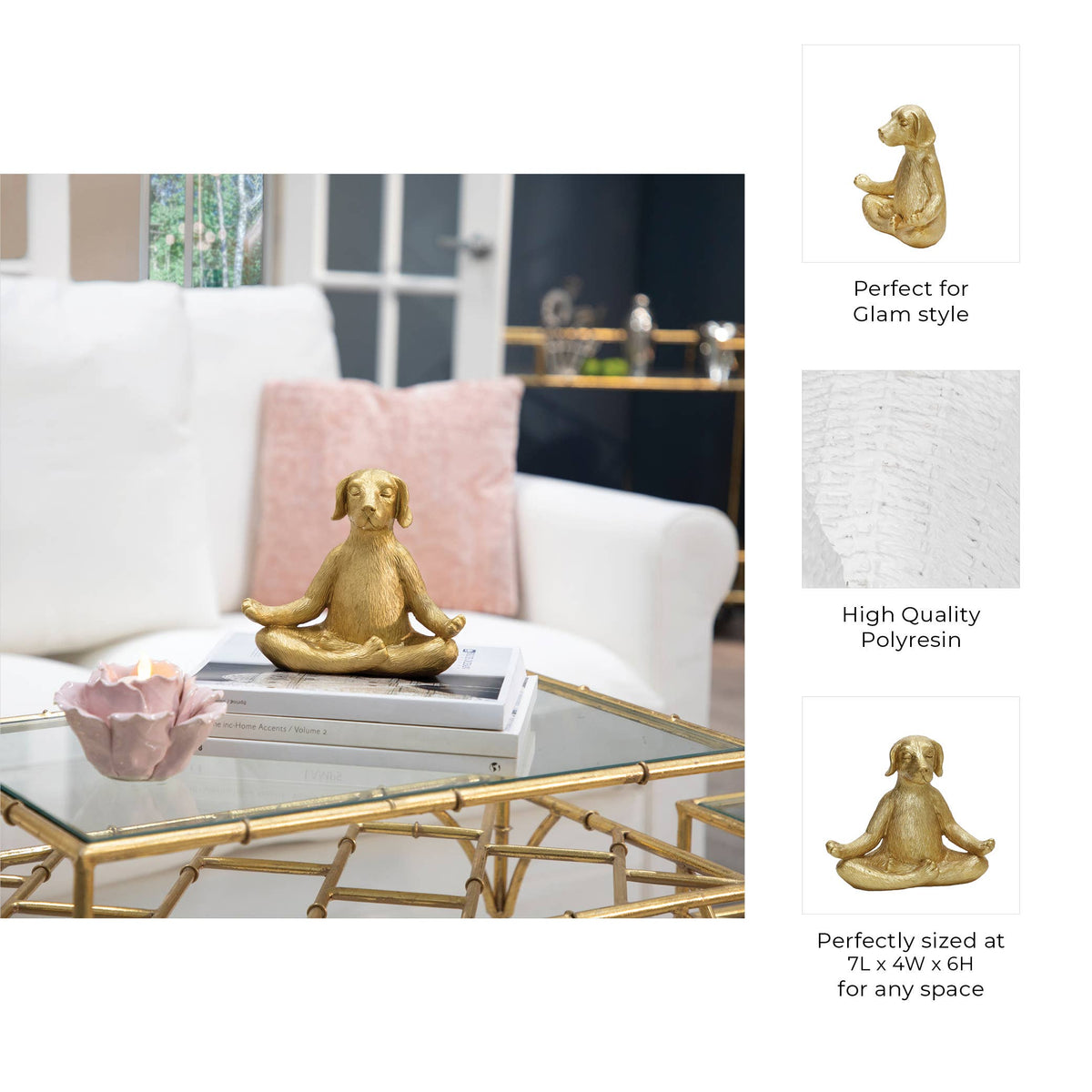 Resin Textured Meditating Dog Figurine - Gold, 6 in.