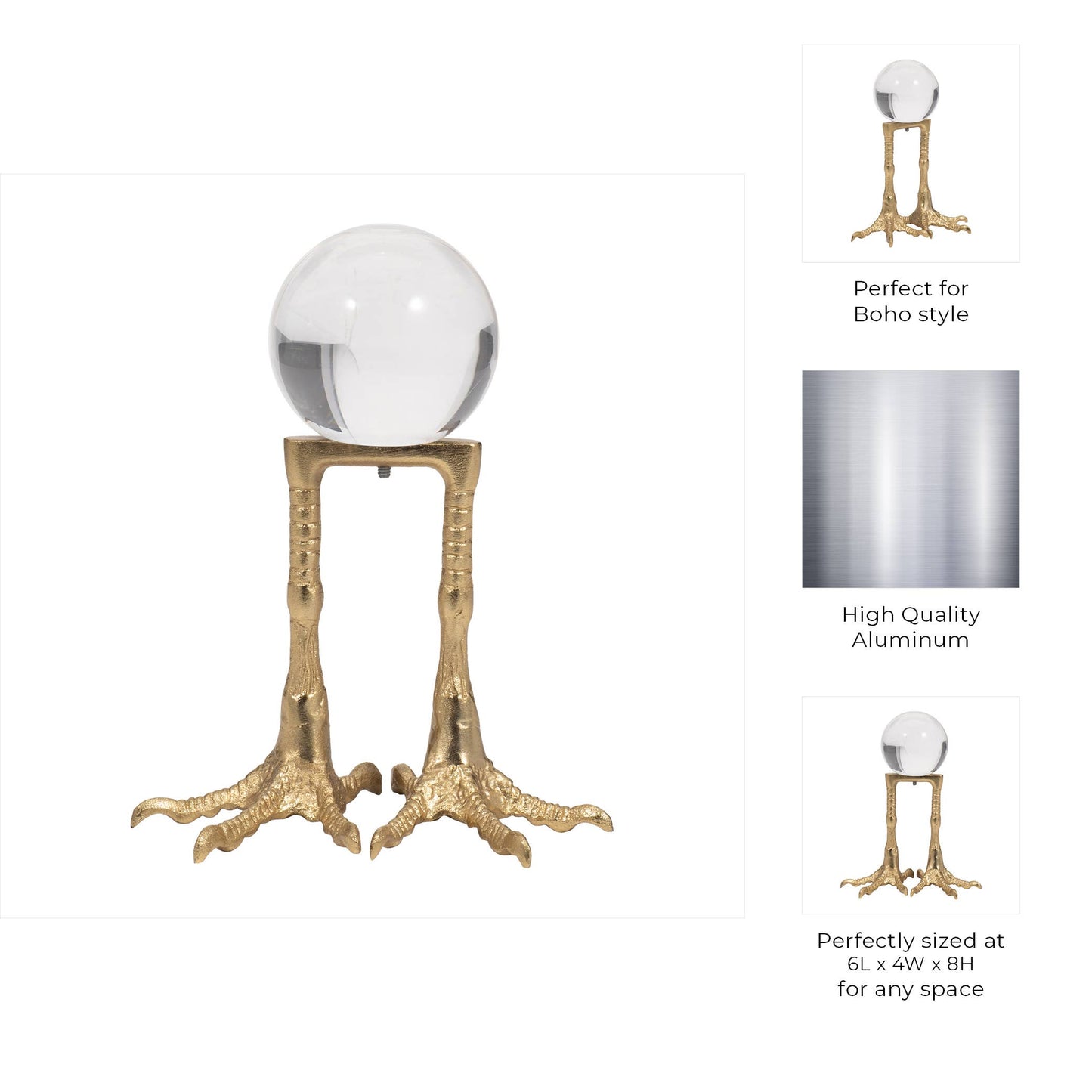 Metal Bird Feet Holding Acrylic Ball Figurine - Gold, 8 in.