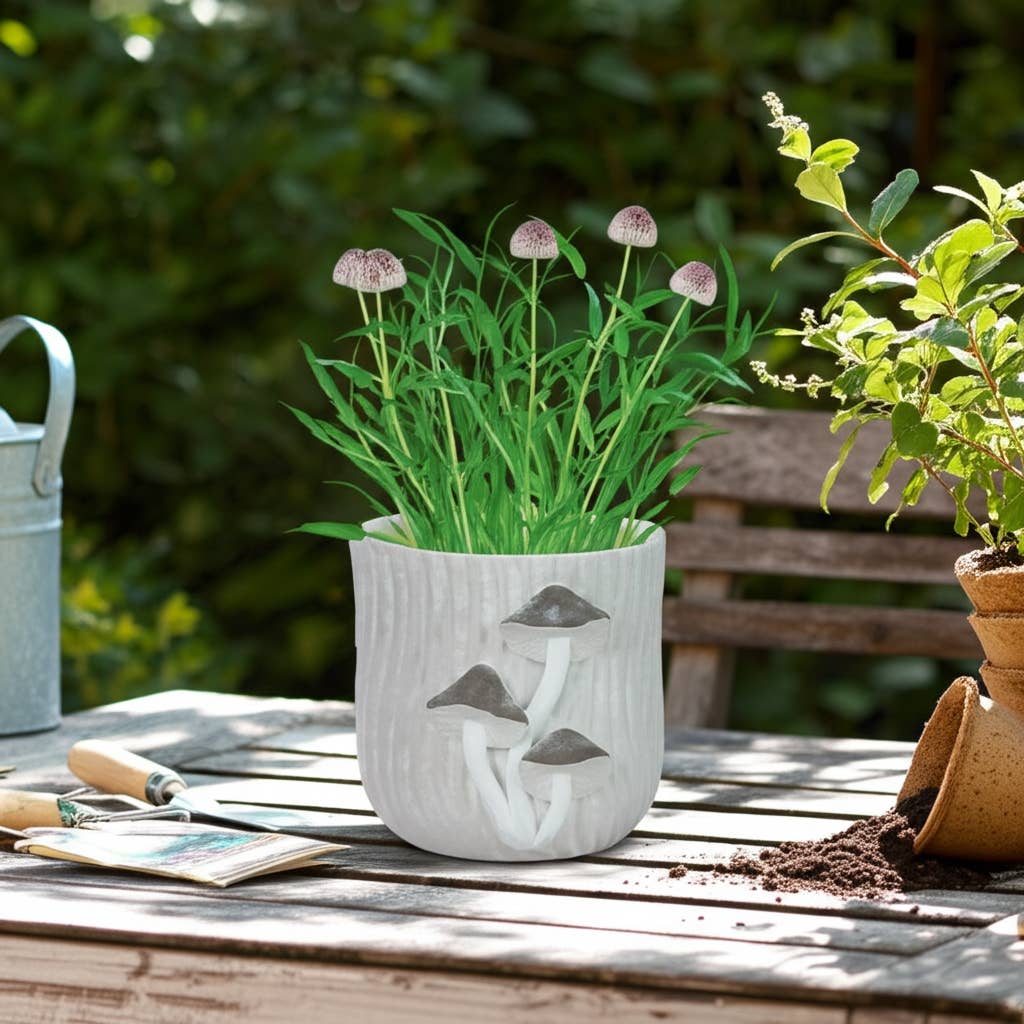Ceramic Handcrafted Mushroom Applique Planter - Gray, 6 in.