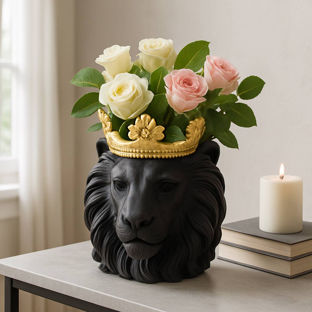 Resin Regal Lion Head Planter with Crown - Black, 9 in.