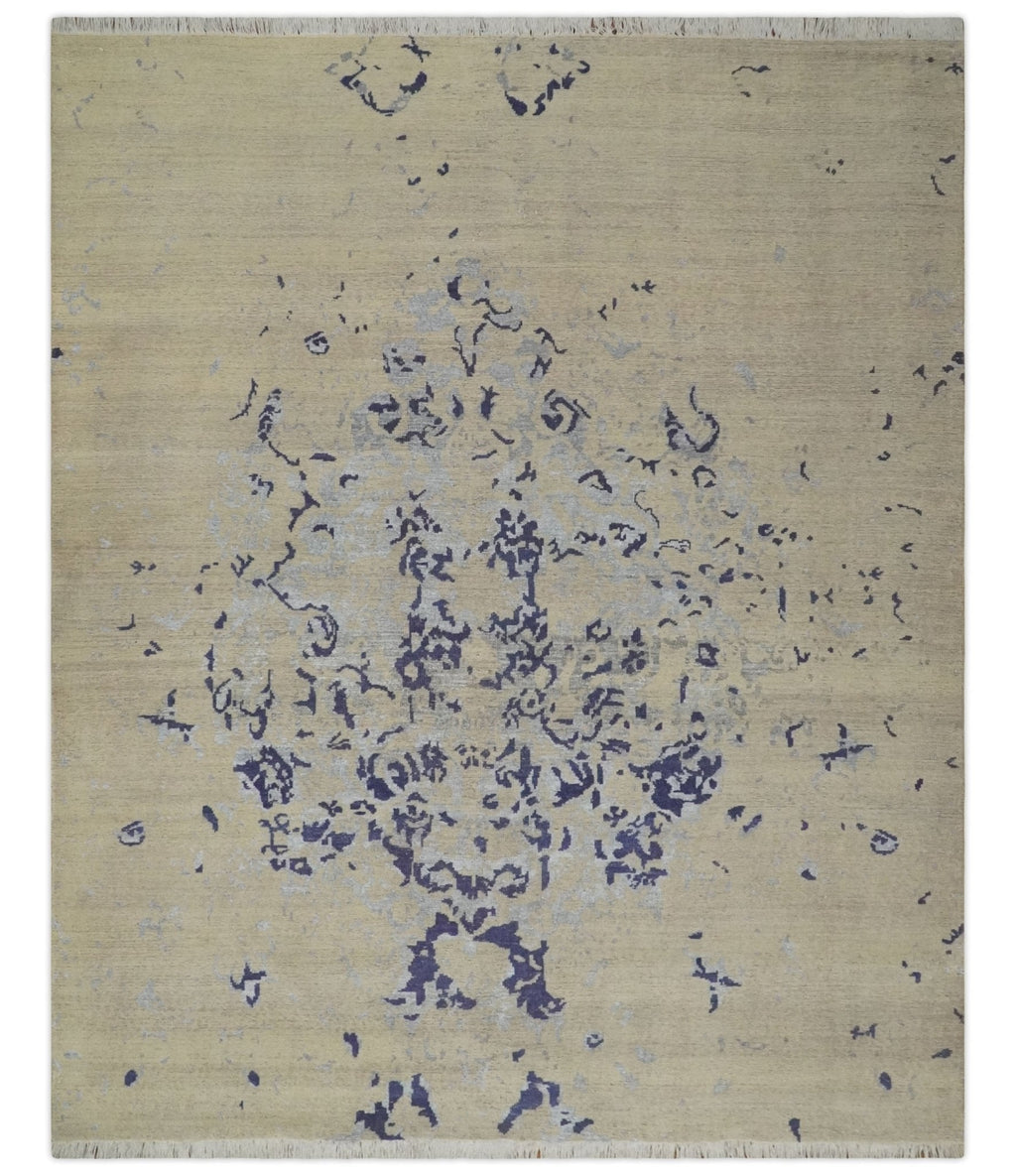 8x10 Beige, Blue and Silver Antique Style, Abstract Hand Knotted Low pile Wool Area Rug