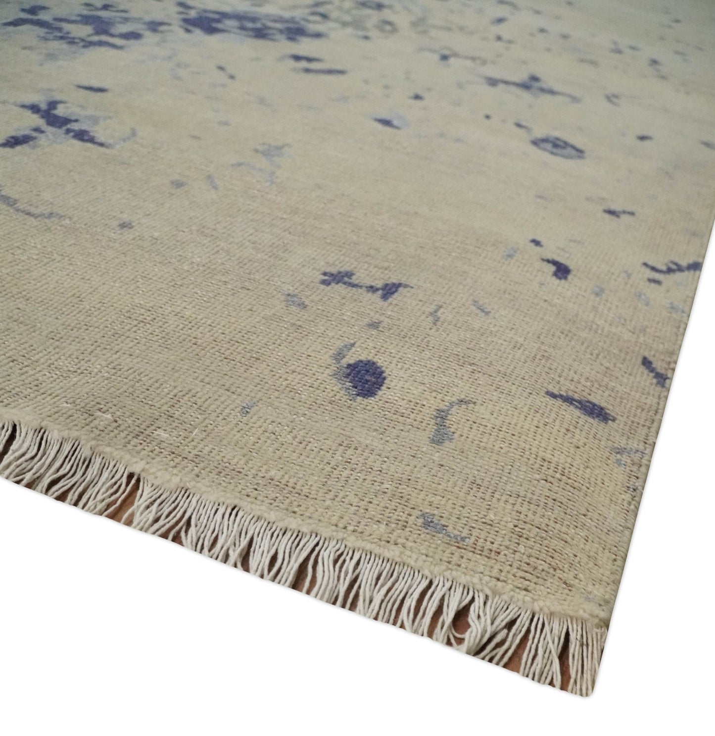 8x10 Beige, Blue and Silver Antique Style, Abstract Hand Knotted Low pile Wool Area Rug