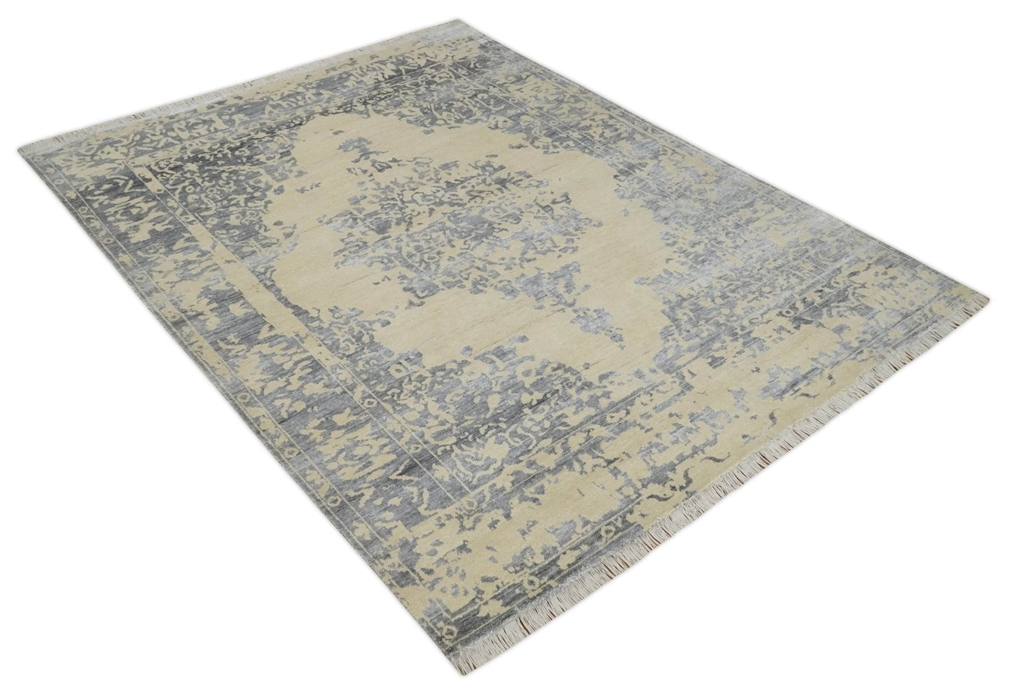 8x10 Beige, Charcoal and Silver Traditional Medallion Hand Knotted Wool and Bamboo Silk Area Rug