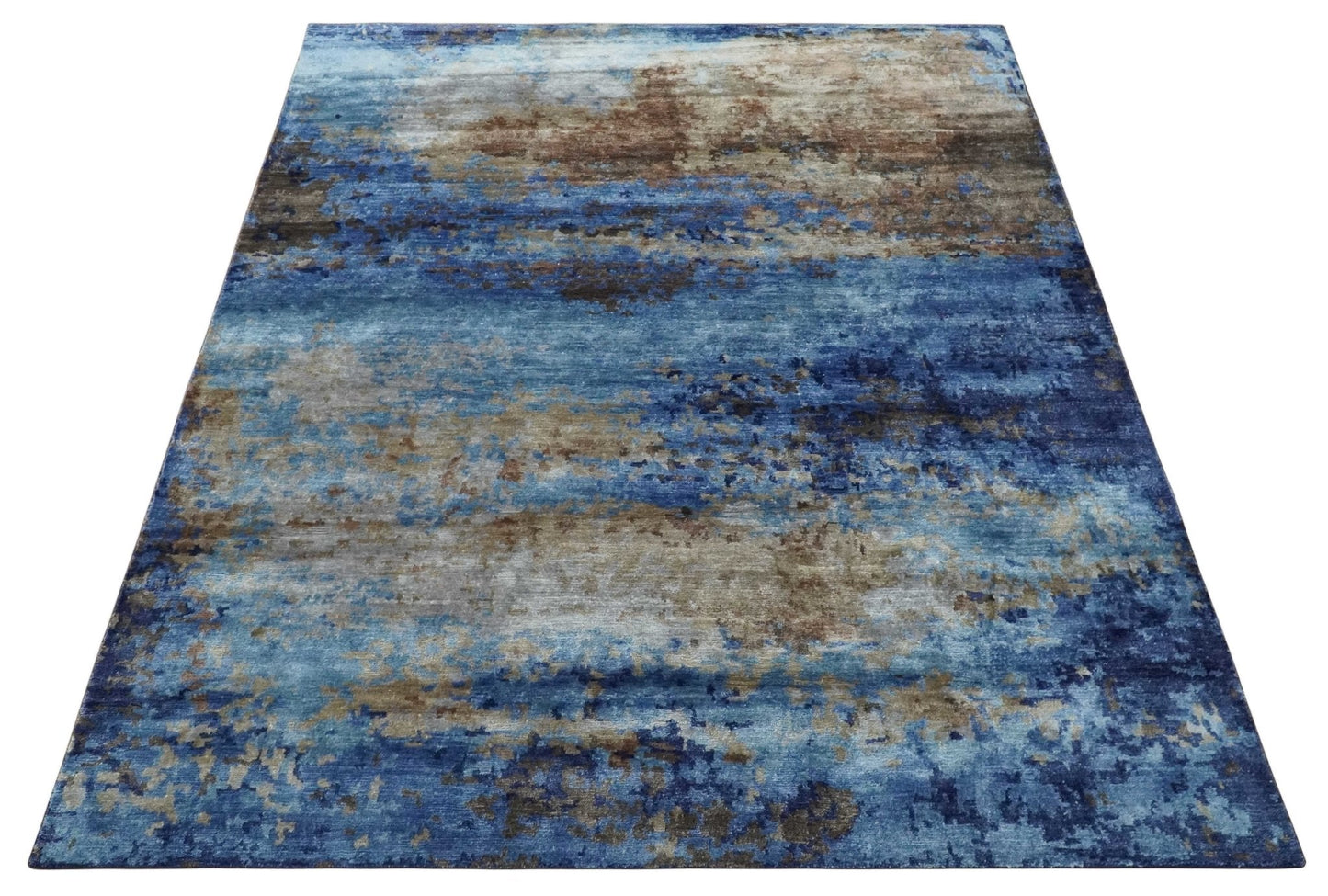 8x10 Blue, Beige and Brown Modern Abstract Hand Knotted wool and bamboo Silk Area Rug