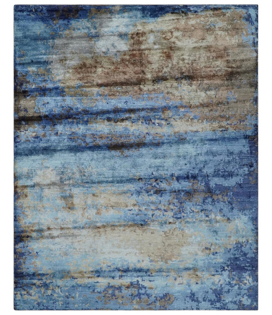 8x10 Blue, Beige and Brown Modern Abstract Hand Knotted wool and bamboo Silk Area Rug