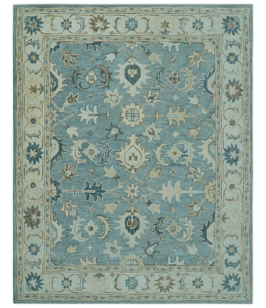 8x10 Blue, Ivory and Beige Hand Tufted Oriental Oushak wool area rug