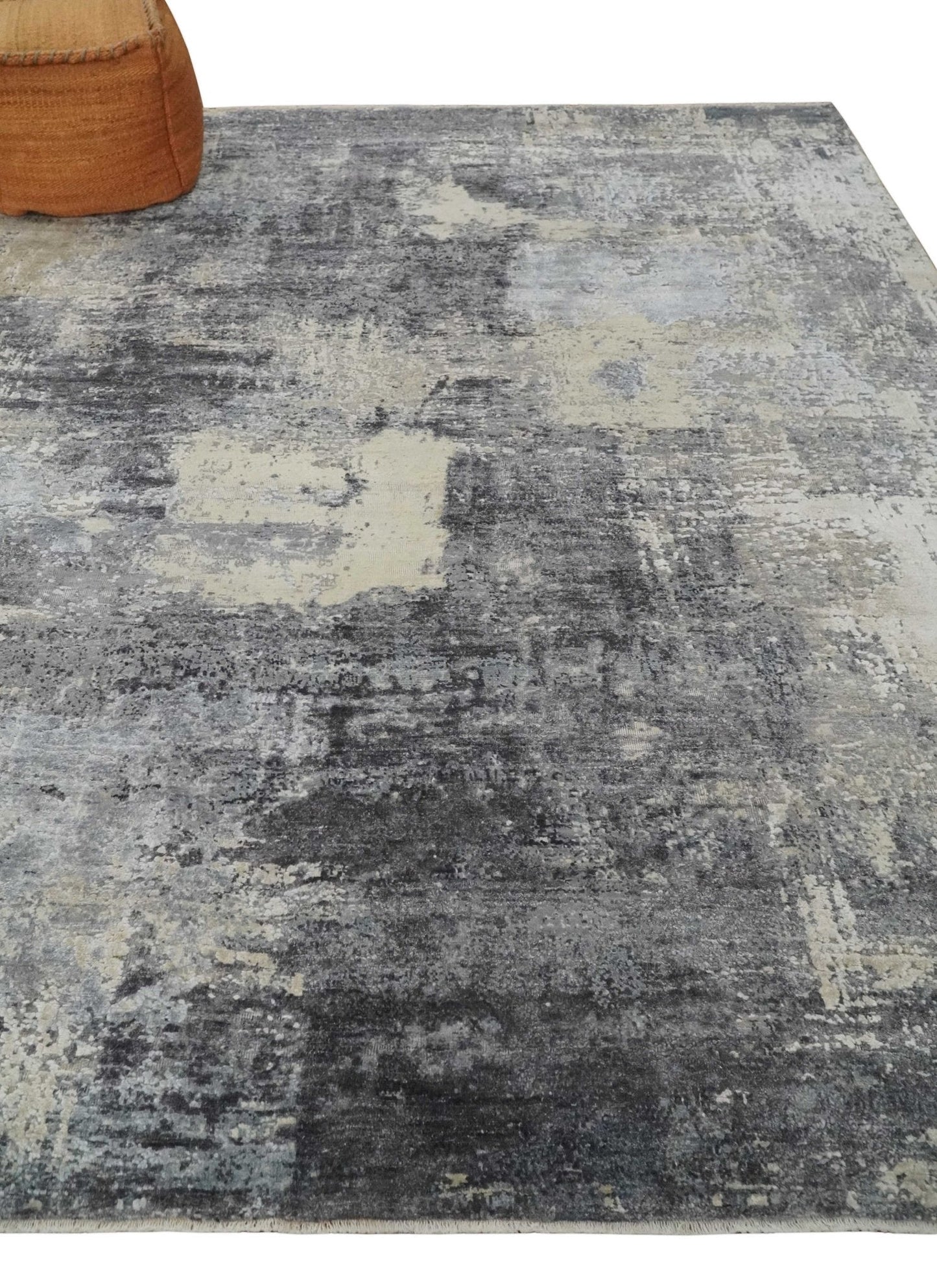 8x10 Charcoal, Beige and Gray Modern Abstract Distressed Finish High Low texture Hand Knotted Rug