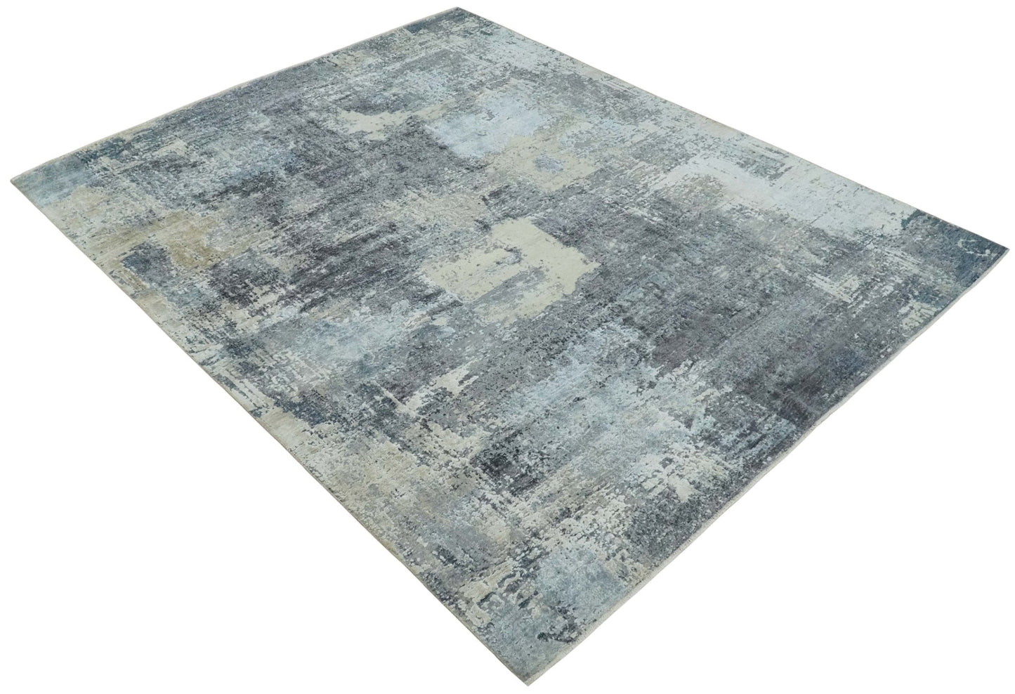8x10 Charcoal, Beige and Gray Modern Abstract Distressed Finish High Low texture Hand Knotted Rug