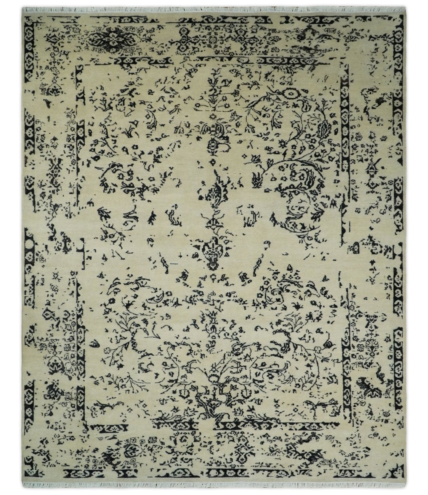 8x10 Fine Hand Knotted Beige and Black Traditional Vintage Persian Antique Wool Rug | AGR35