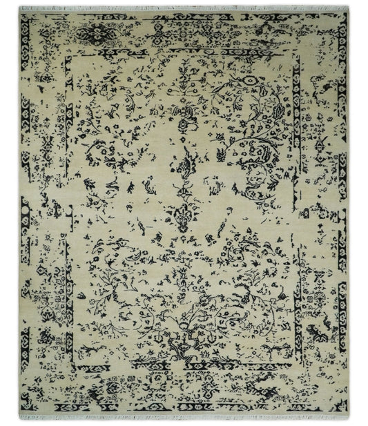 8x10 Fine Hand Knotted Beige and Black Traditional Vintage Persian Antique Wool Rug | AGR35