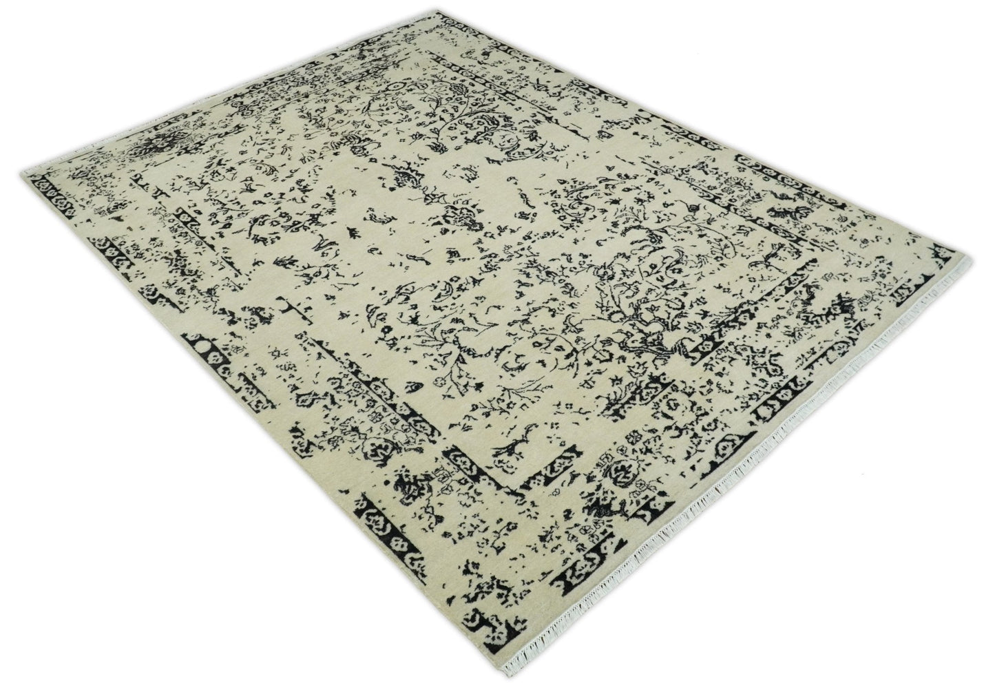 8x10 Fine Hand Knotted Beige and Black Traditional Vintage Persian Antique Wool Rug | AGR35