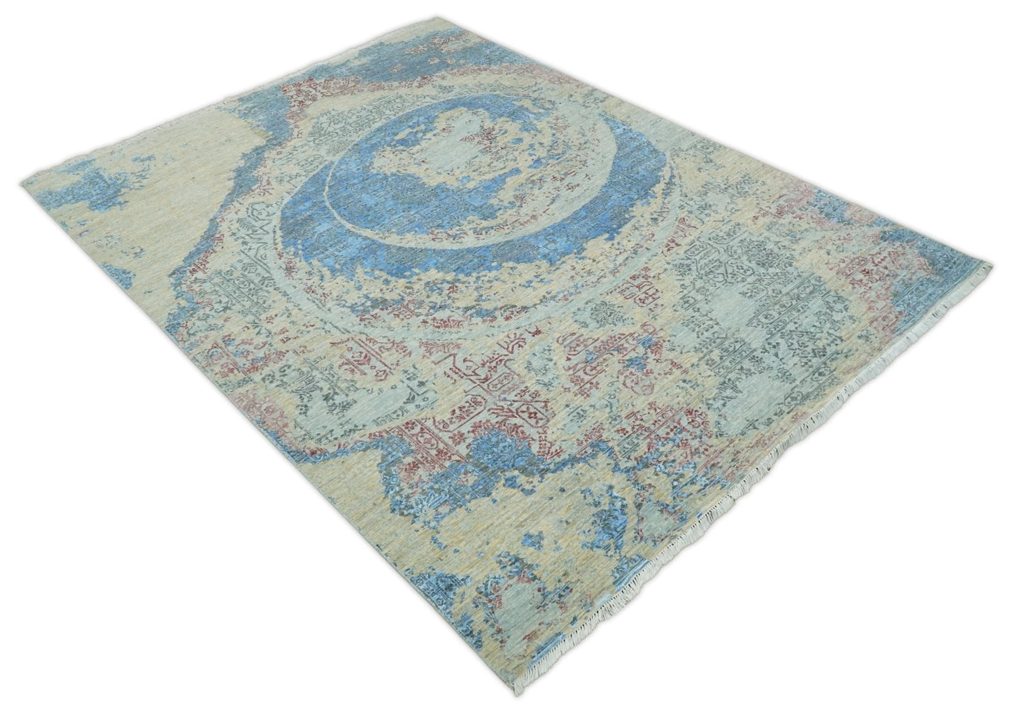 8x10 Fine Hand Knotted Beige and Blue Modern Abstract Style Antique Wool and Silk Area Rug | AGR37