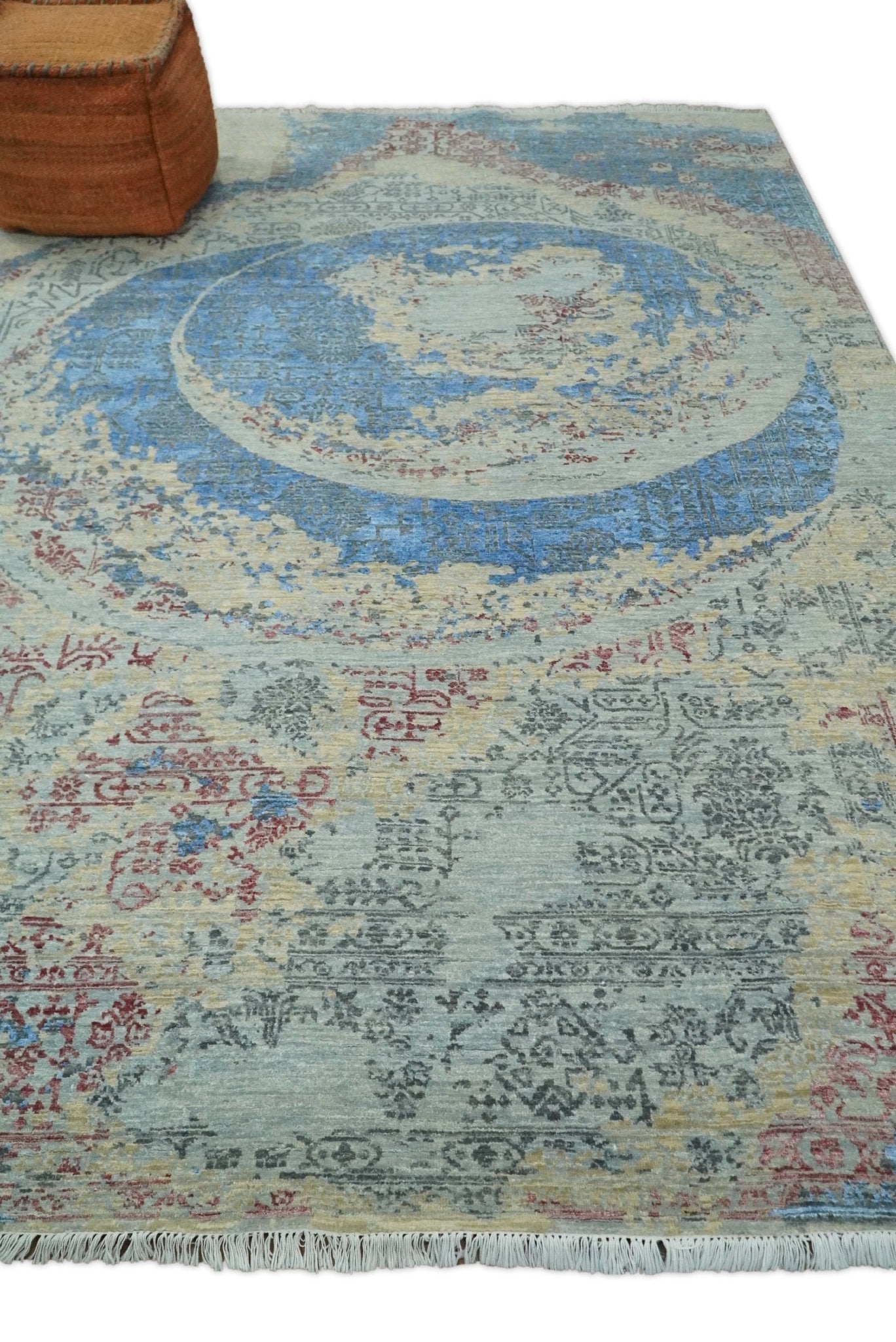 8x10 Fine Hand Knotted Beige and Blue Modern Abstract Style Antique Wool and Silk Area Rug | AGR37