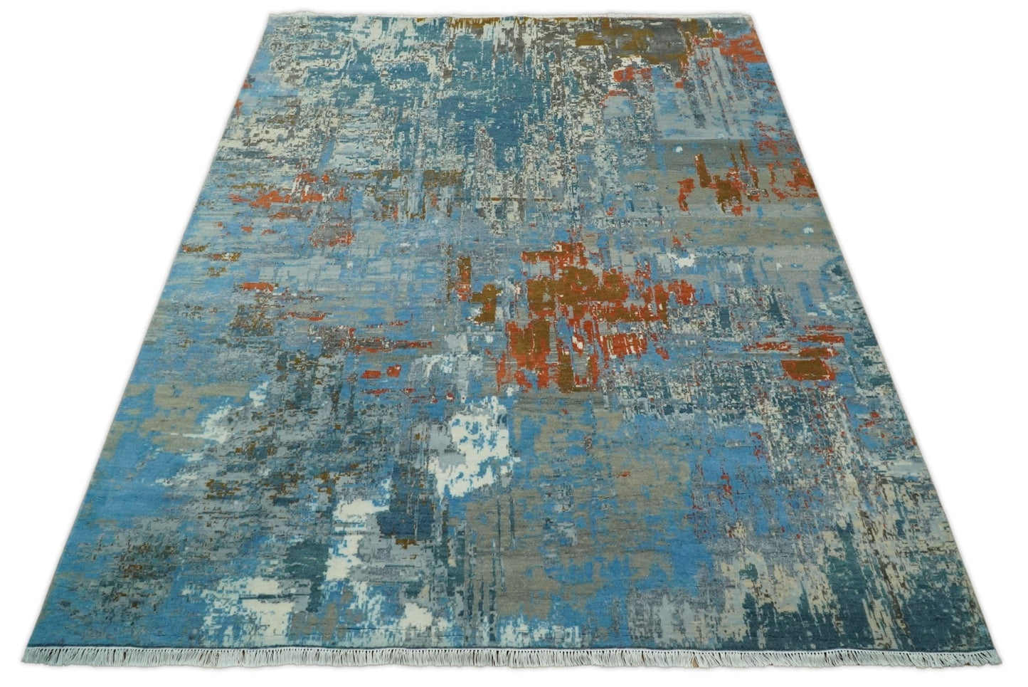 8x10 Fine Hand Knotted Beige and Blue Modern Abstract Style Antique Wool and Silk Area Rug | AGR43