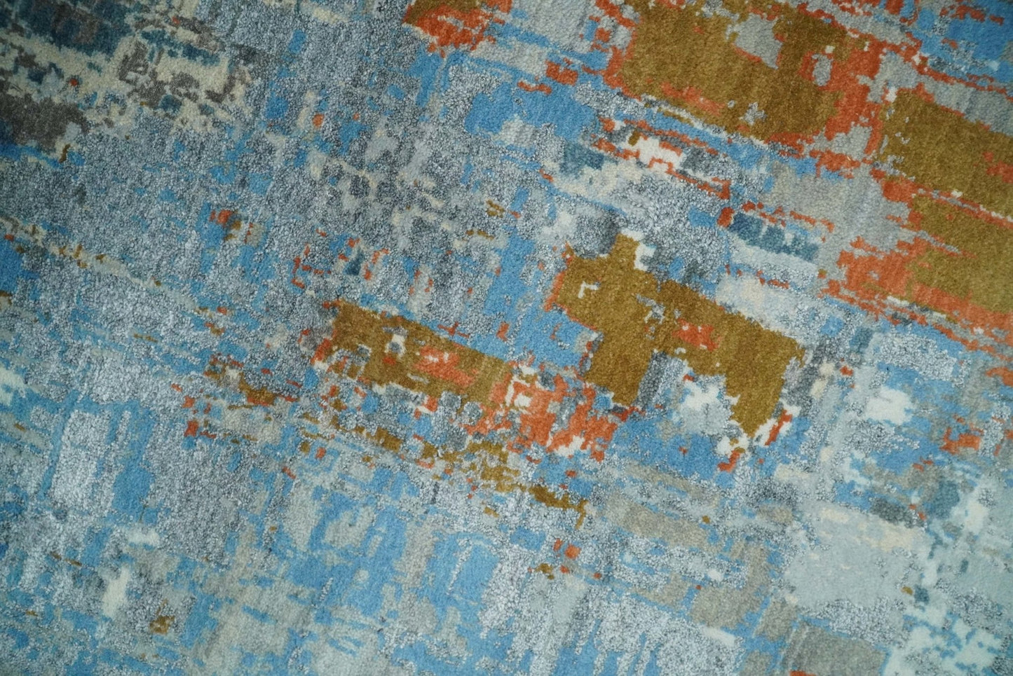 8x10 Fine Hand Knotted Beige and Blue Modern Abstract Style Antique Wool and Silk Area Rug | AGR43