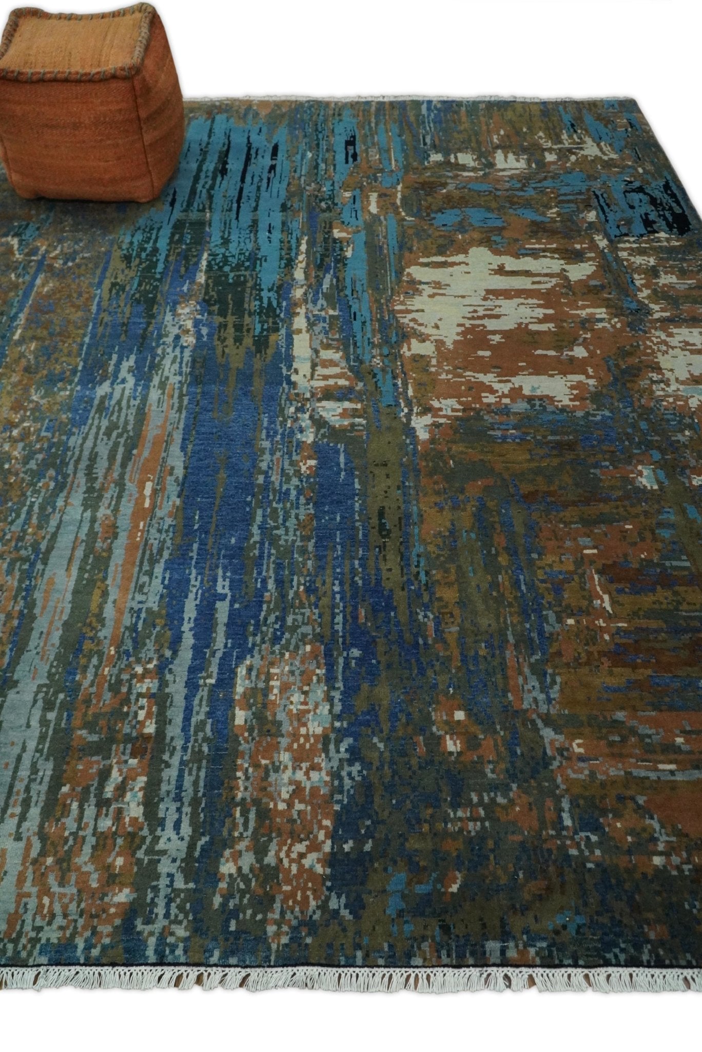 8x10 Fine Hand Knotted Blue and Brown Modern Abstract Wool Area Rug | AGR42