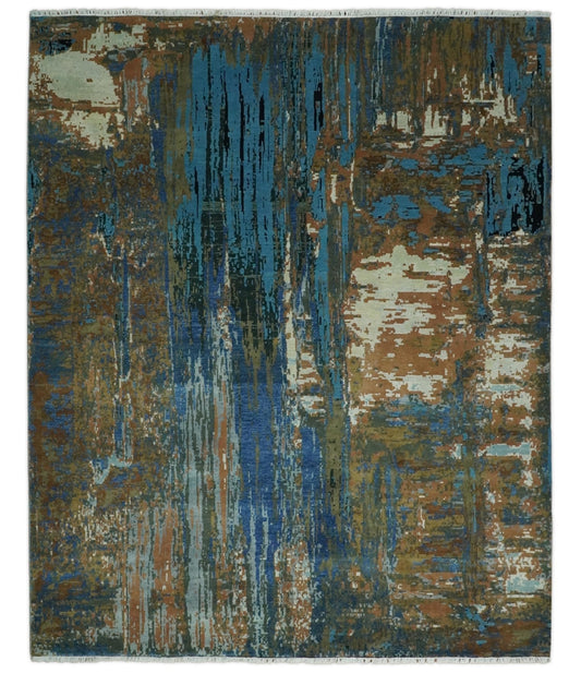 8x10 Fine Hand Knotted Blue and Brown Modern Abstract Wool Area Rug | AGR42