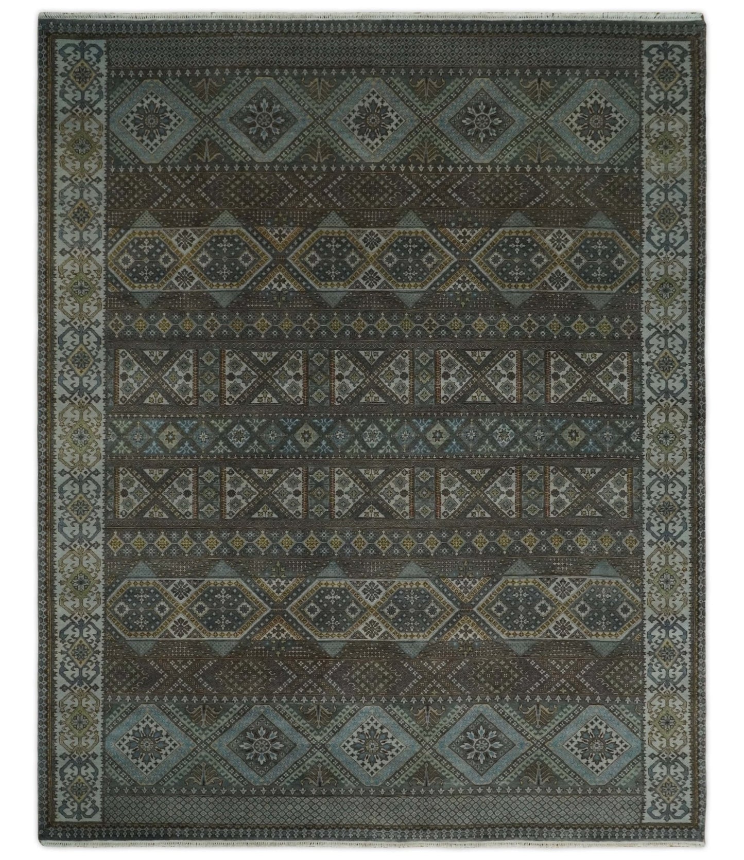 8x10 Fine Hand Knotted Brown and Blue Southwestern Traditional Antique Area Rug | AGR41