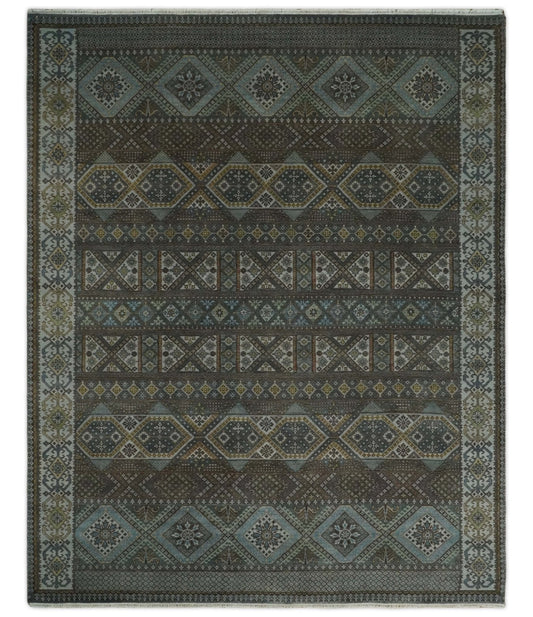 8x10 Fine Hand Knotted Brown and Blue Southwestern Traditional Antique Area Rug | AGR41