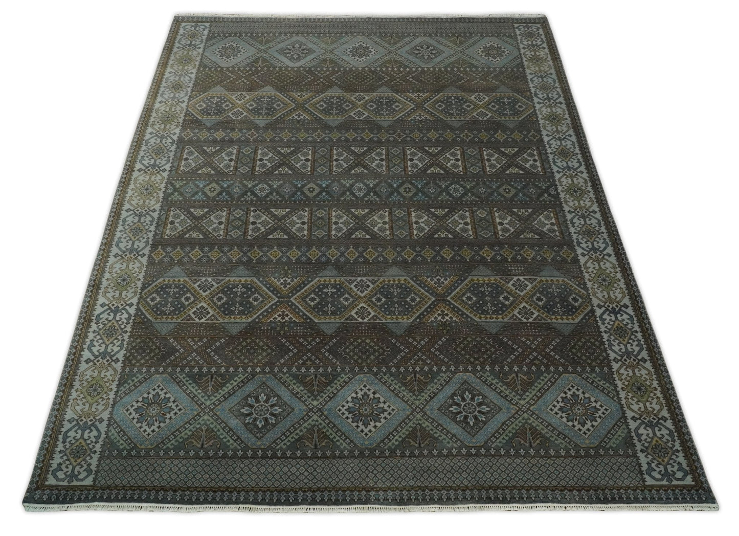 8x10 Fine Hand Knotted Brown and Blue Southwestern Traditional Antique Area Rug | AGR41