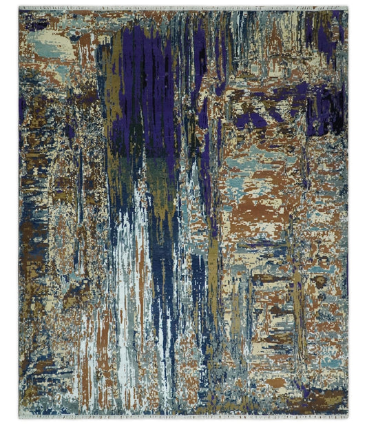 8x10 Fine Hand Knotted Brown Multicolor Modern Abstract Wool and Bamboo Silk Area Rug | AGR19