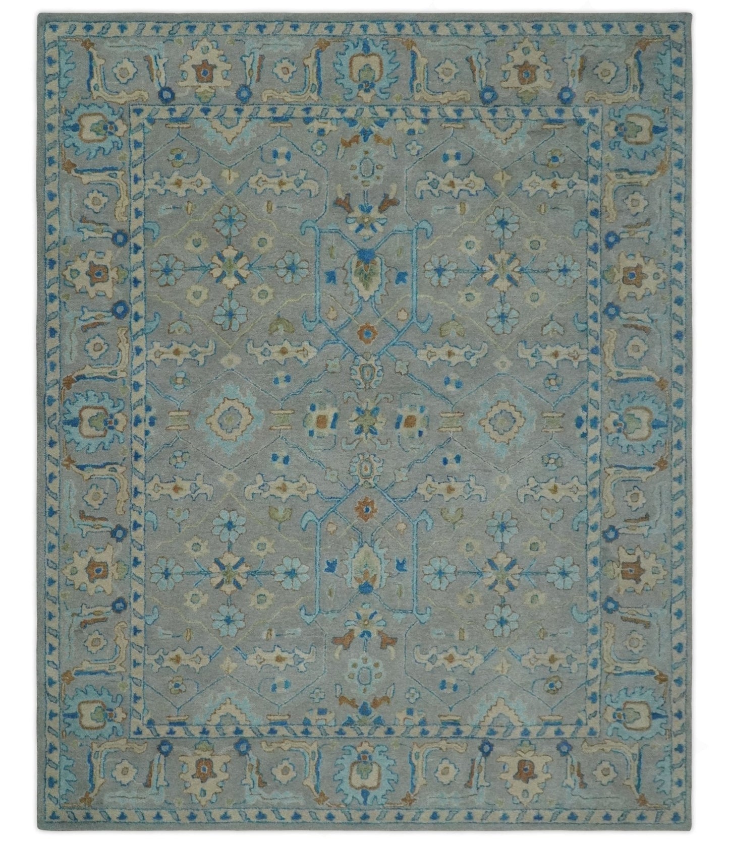 8x10 Hand Tufted Gray, Beige and Accent Blue Traditional Herati Design Wool Rug
