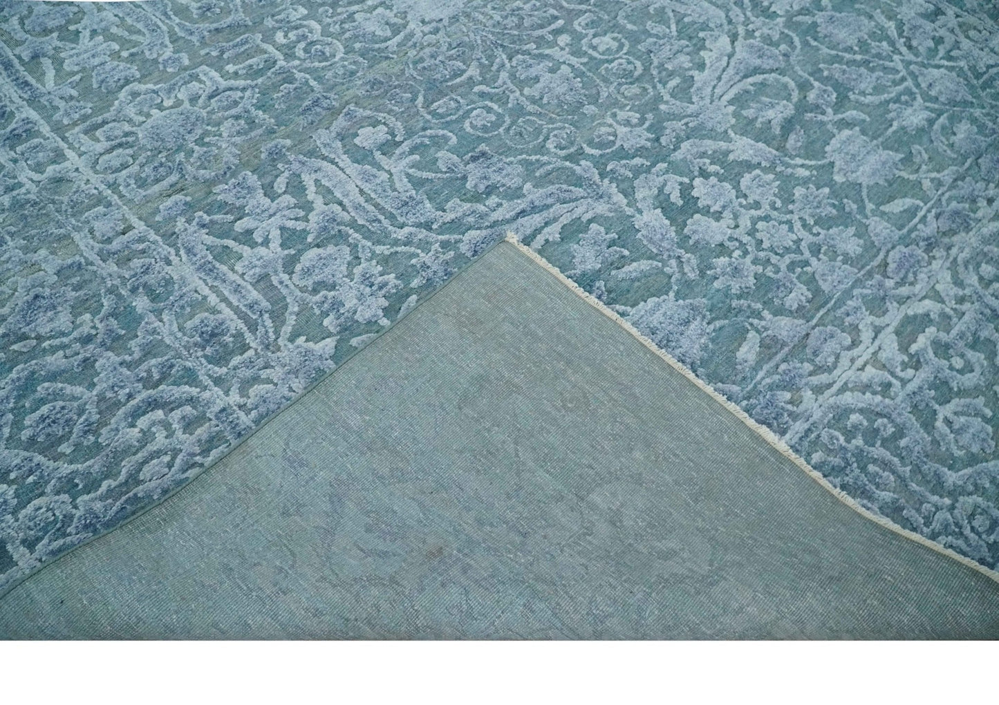 8x9.7 Blue Antique Style, Distressed Finish Hand Carved Traditional Medalian Hand Knotted Wool and Silk Rug