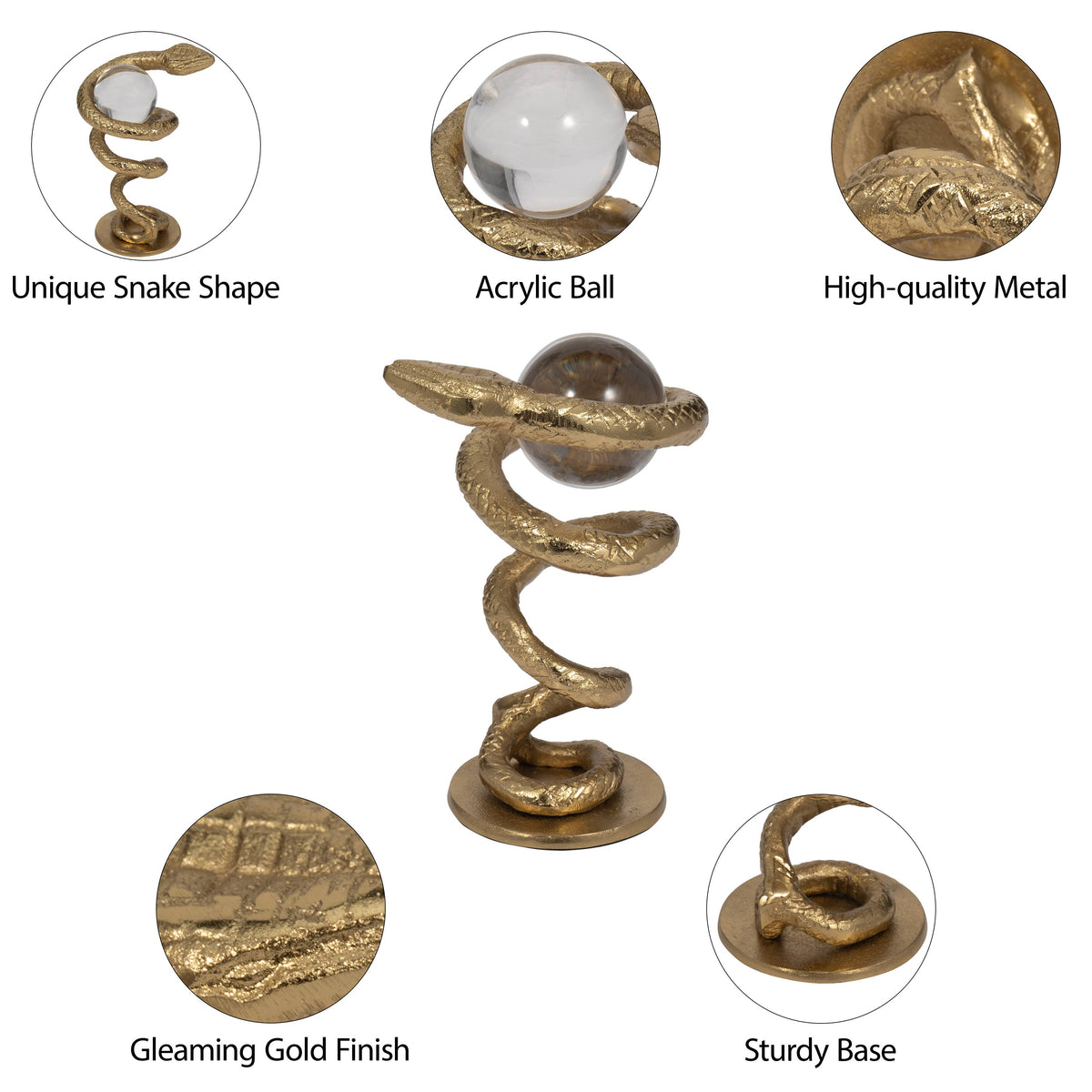 Metal Snake Coil with Acrylic Ball Figurine - Gold, 7 in.
