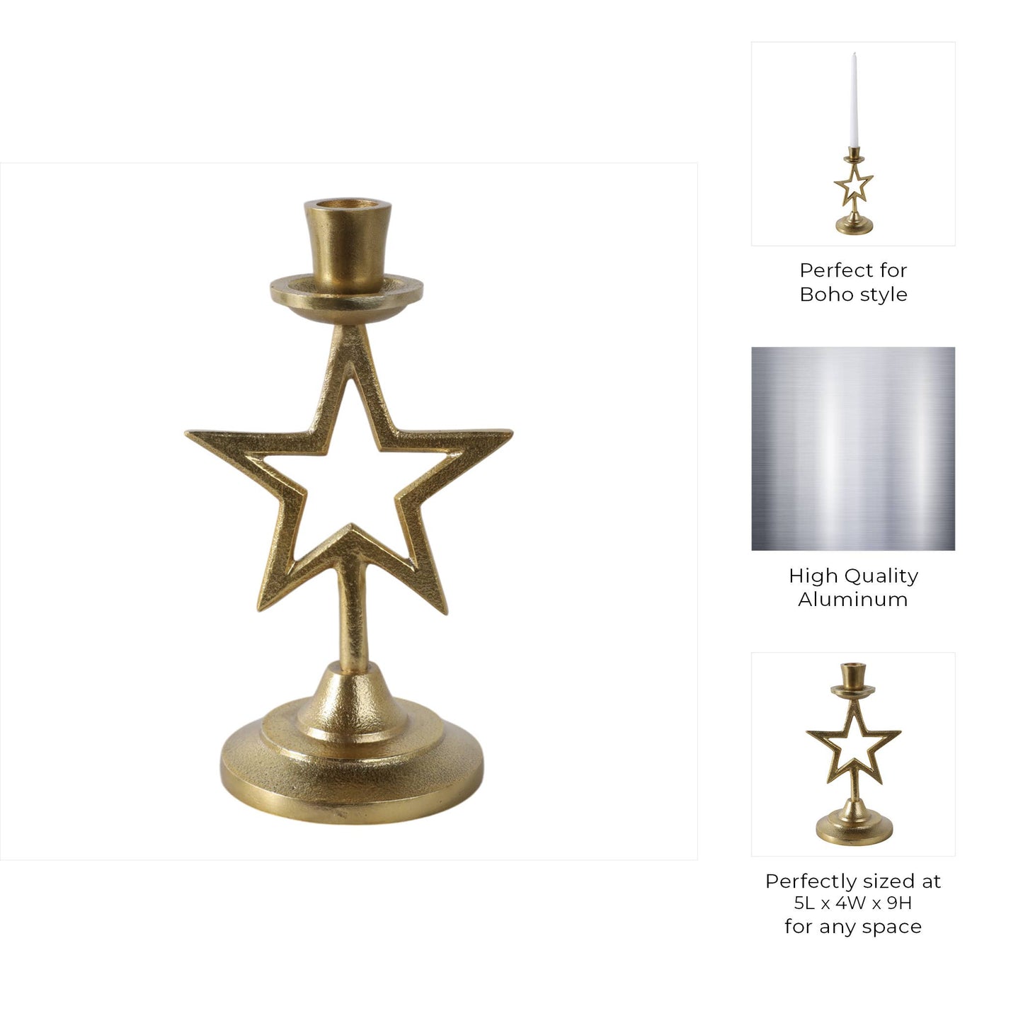 Aluminum Boho Cut-Out Star Taper Holder - Gold, 9 in.