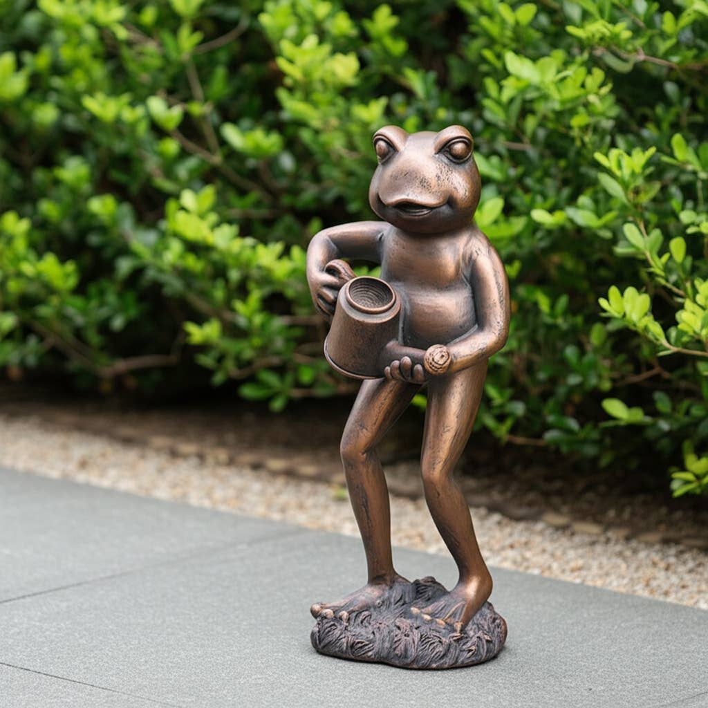 Resin Frog and Watering Can Garden Statue - Bronze, 10 in.