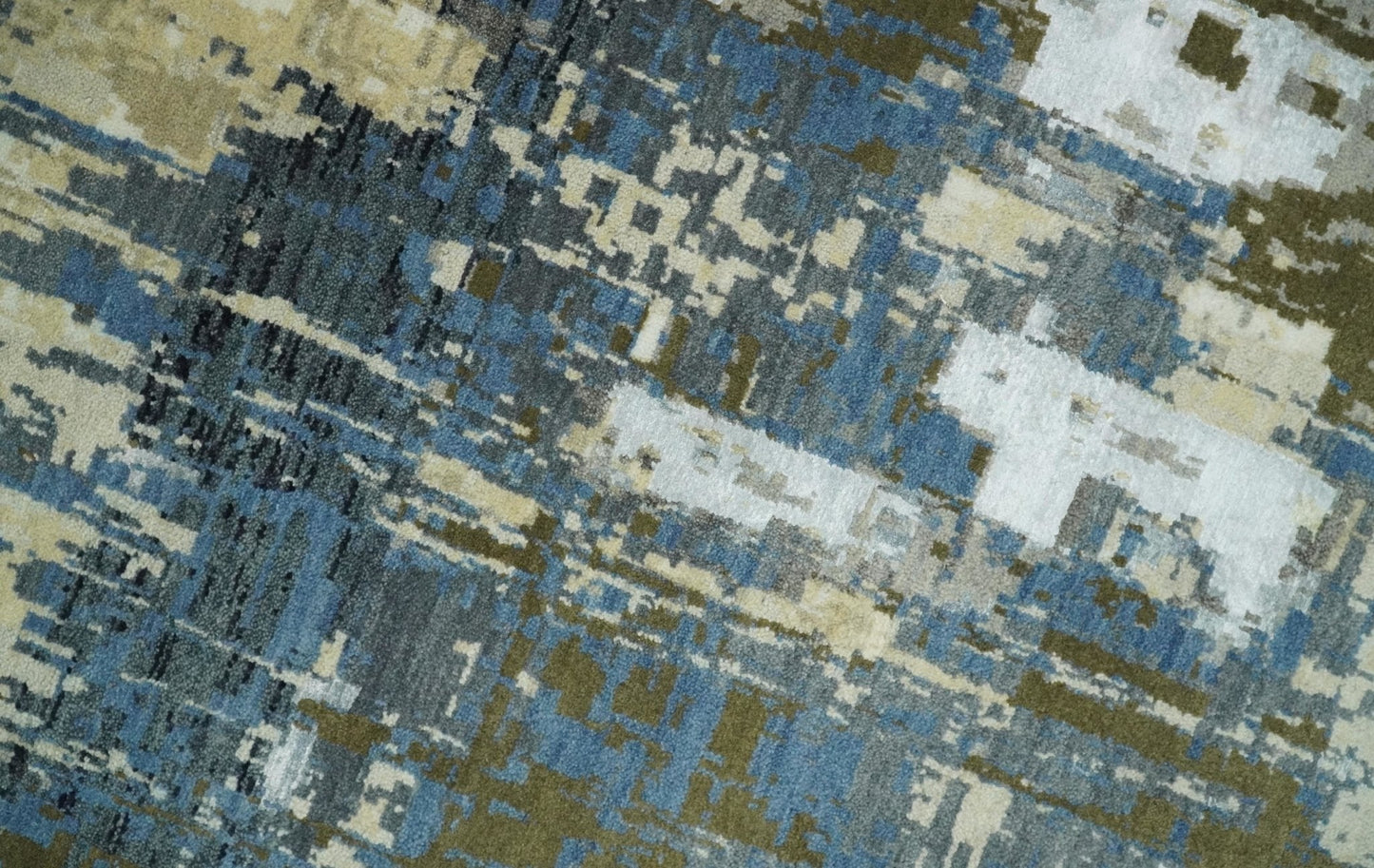 9x12 Fine Hand Knotted Beige and Blue Modern Abstract Style Antique Wool and Silk Area Rug | AGR31