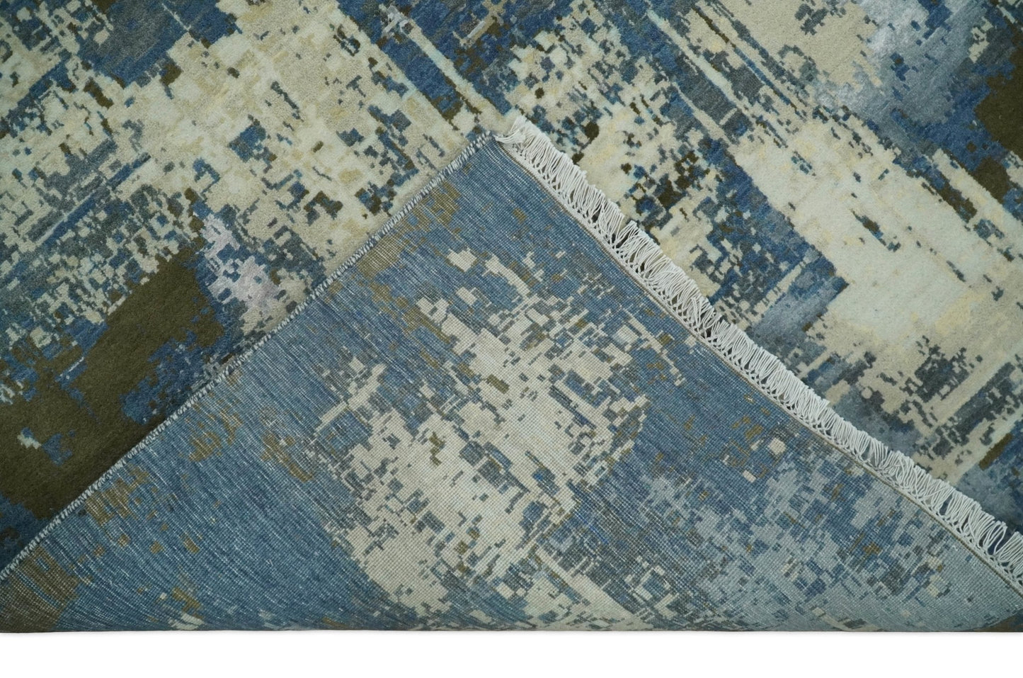 9x12 Fine Hand Knotted Beige and Blue Modern Abstract Style Antique Wool and Silk Area Rug | AGR31