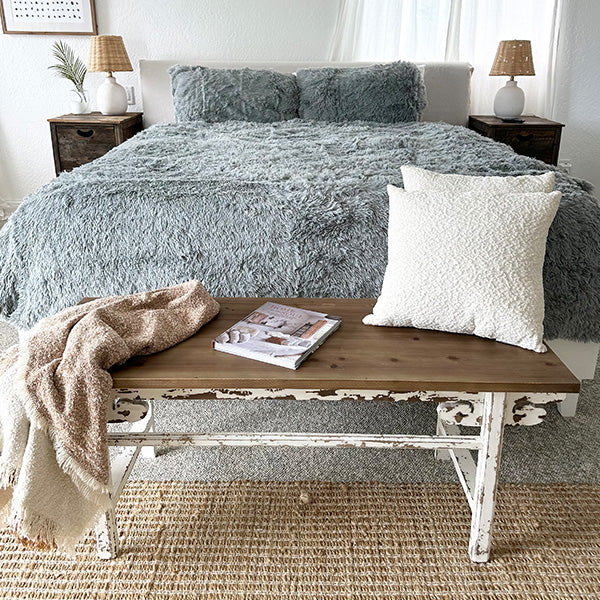 Distressed White Finish Wooden Bench