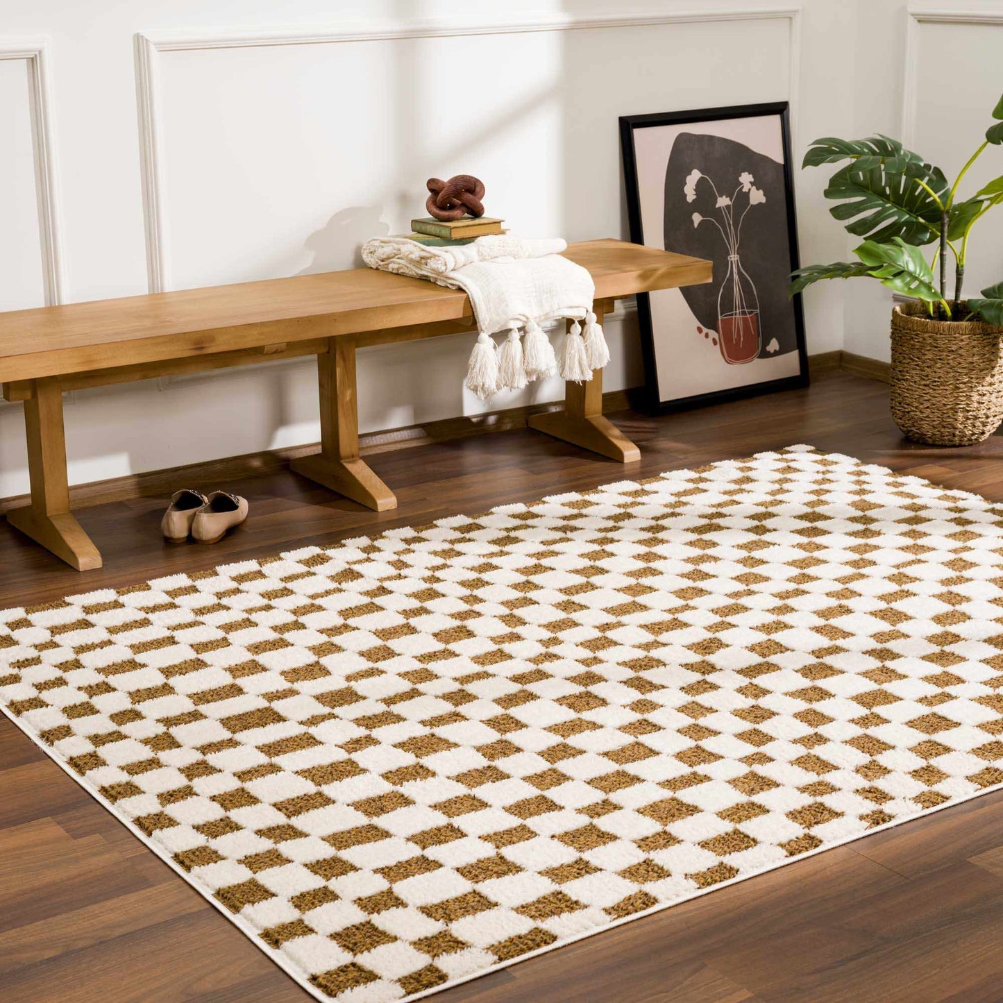 Lajos Brown Checkered Shag Rug