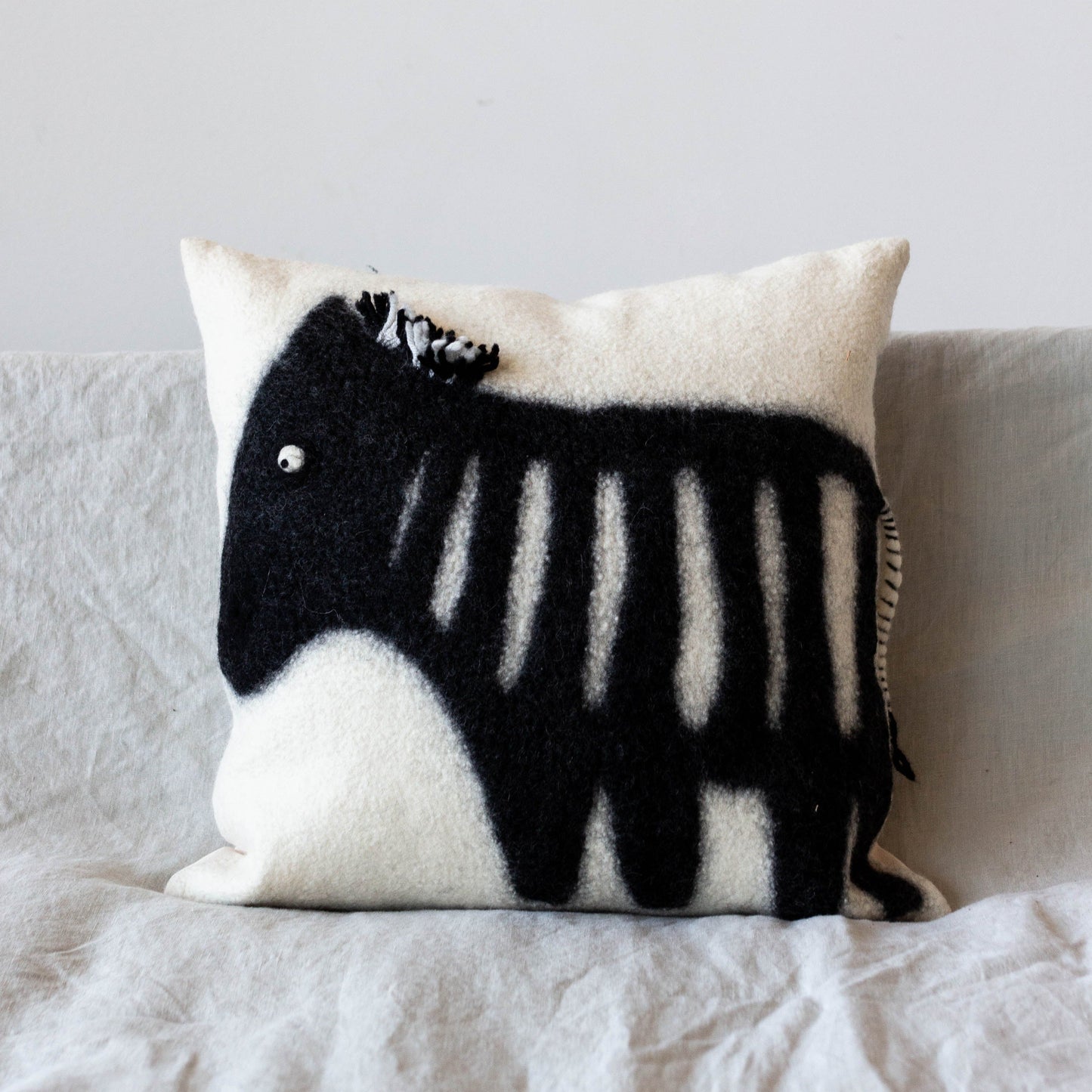 African Modern Boho Felted Decorative Pillow: Animal Zebra Jungle Wool Throw Pillow
