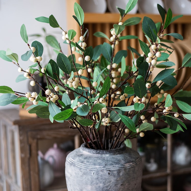 Artificial Fruit Snow Berry Leaf Stem 28" Tall Silk Plant