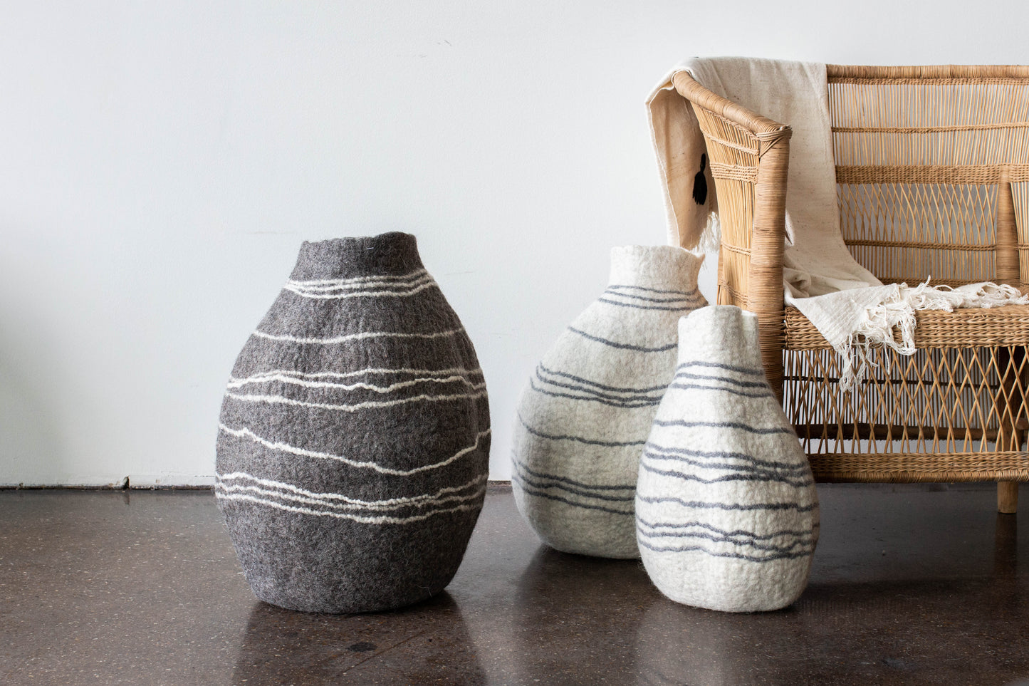 Tribal Lines Grey Hand-Felted Wool Gourd Basket