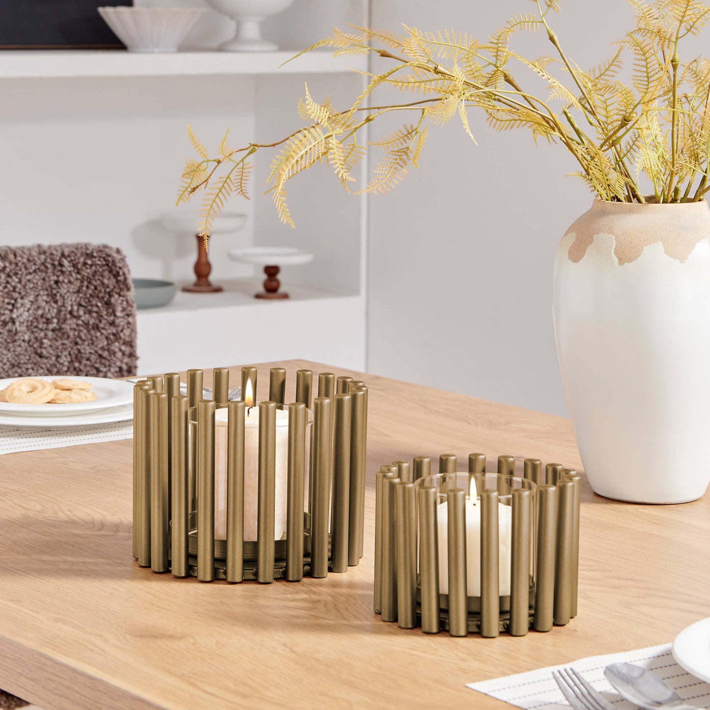 Pela Pillar Ring Warm Gold Modern Candle Holders - Set of 2
