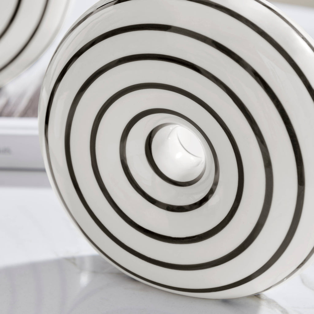 Etta Glossy Ceramic Black White Striped Round Donut Vase Set