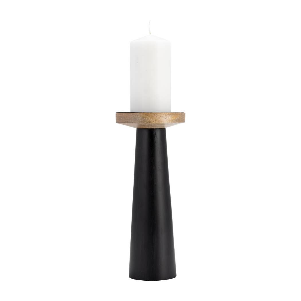 Wood Flat Pillar Candle Holder Stand - Black/Natural, 12 in.