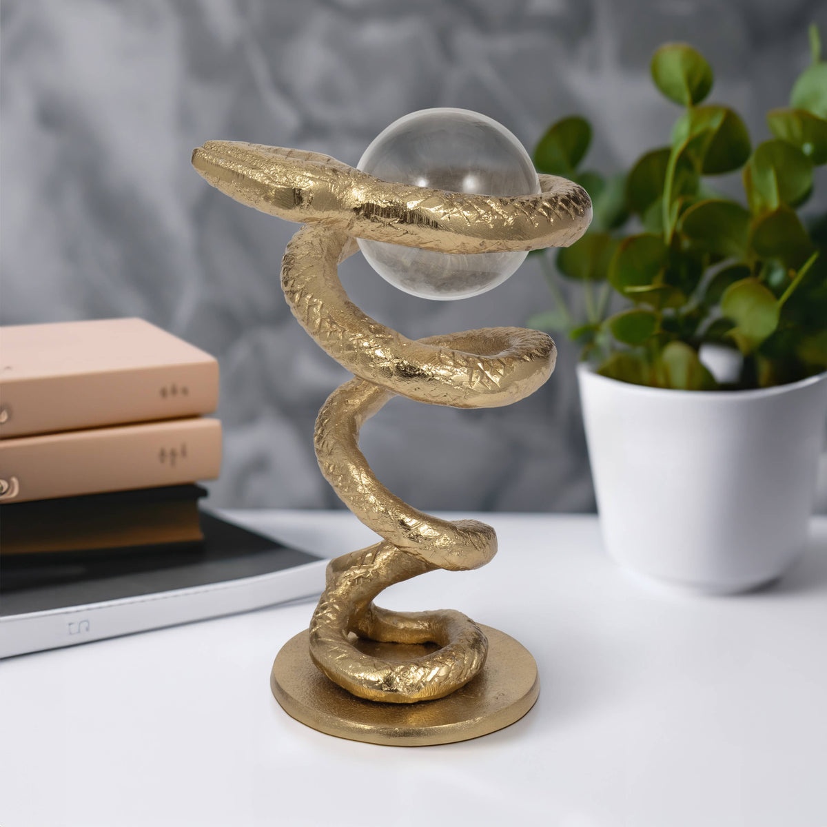 Metal Snake Coil with Acrylic Ball Figurine - Gold, 7 in.