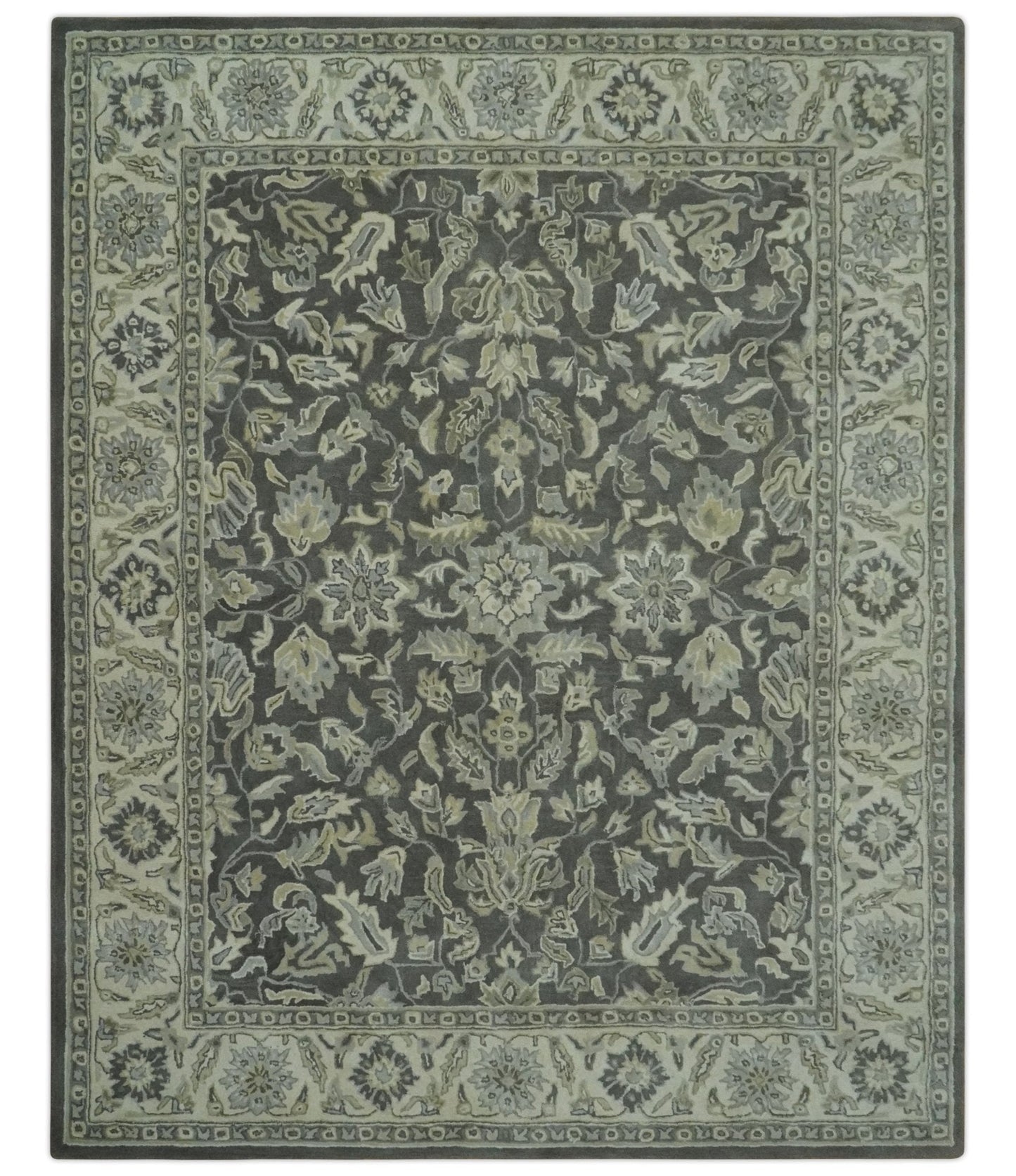 Antique Design 8x10 Charcoal and Beige Traditional Floral Hand Tufted rug