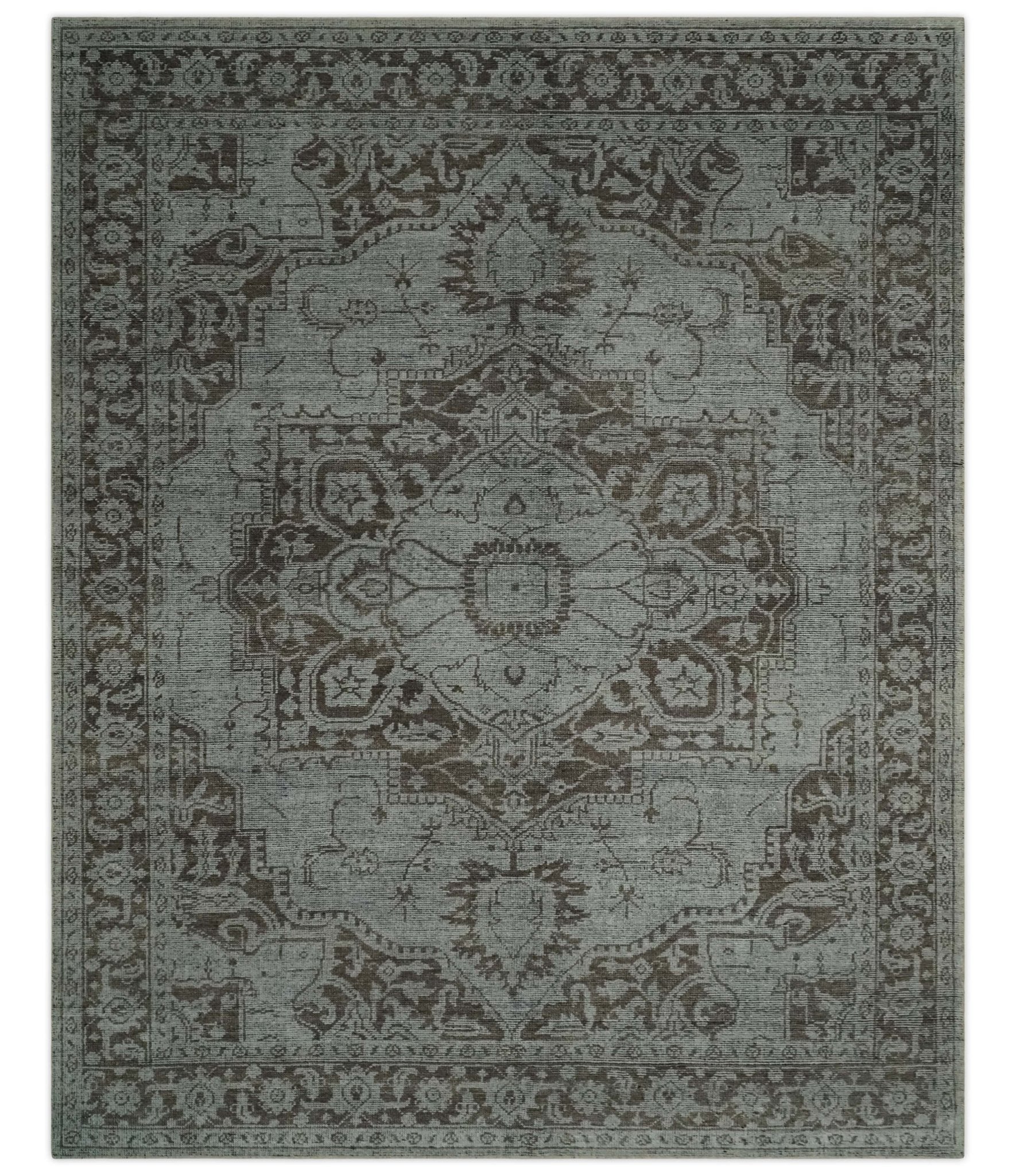 Antique Design Traditional Heriz Medallion Silver, Charcoal and Brown Hand Knotted 8x10 wool area Rug